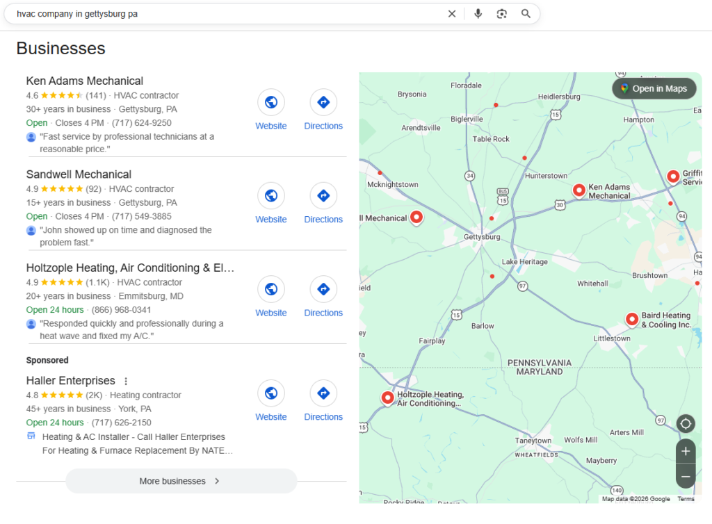 Local SEO Result in Gettysburg, PA