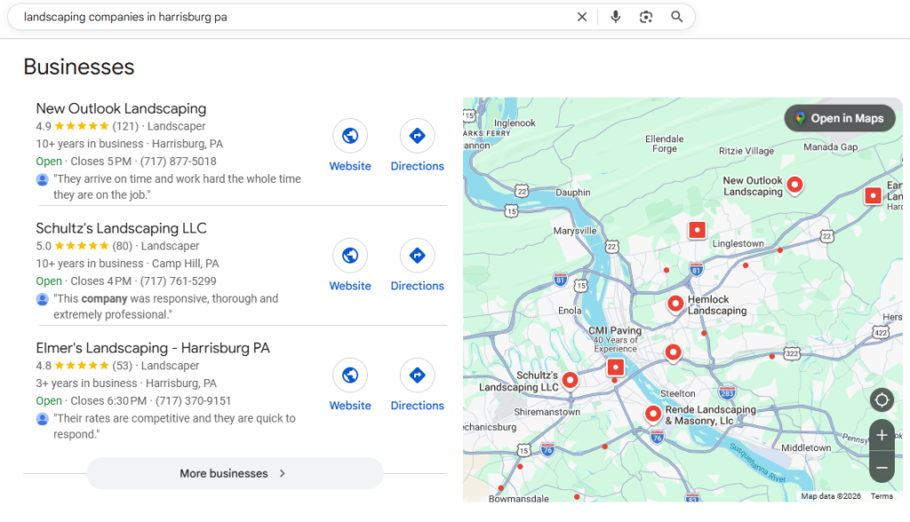 Local SEO Result in Harrisburg PA