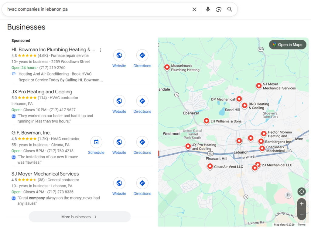 Local SEO Result in Lebanon PA