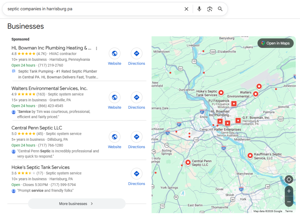 Google Map Pack for Septic Companies