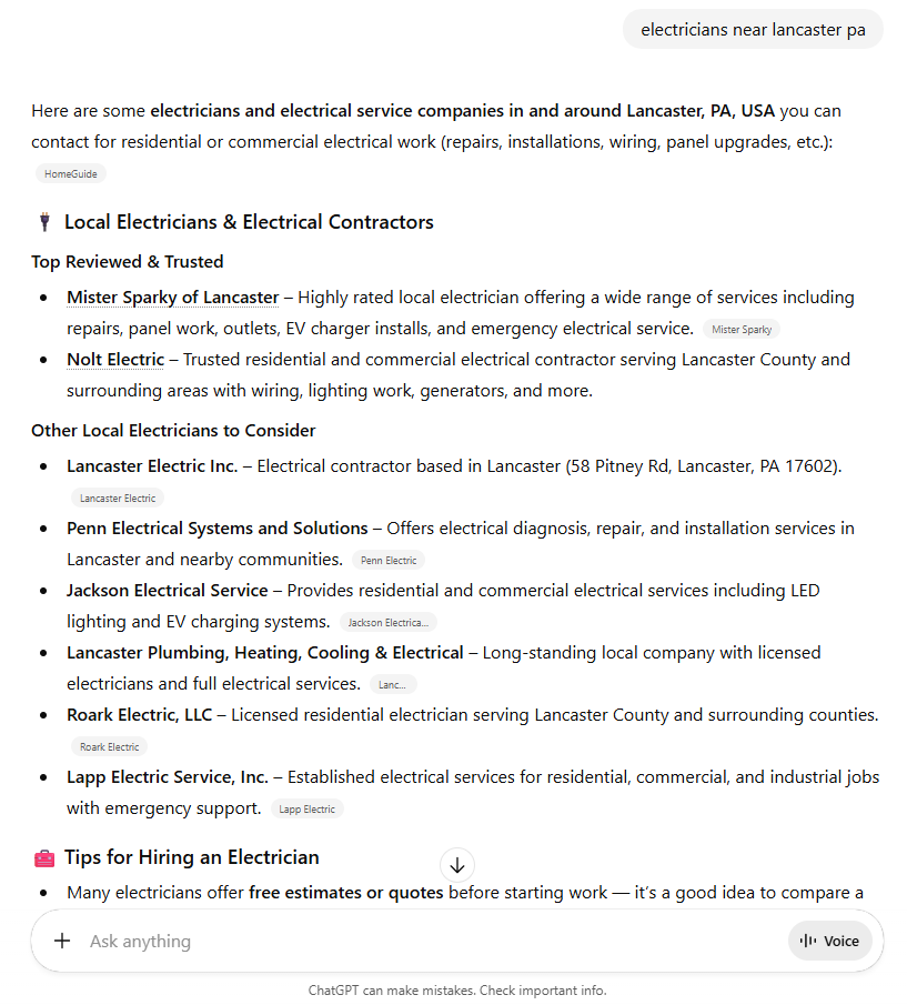 AI SEO Result for Electricians