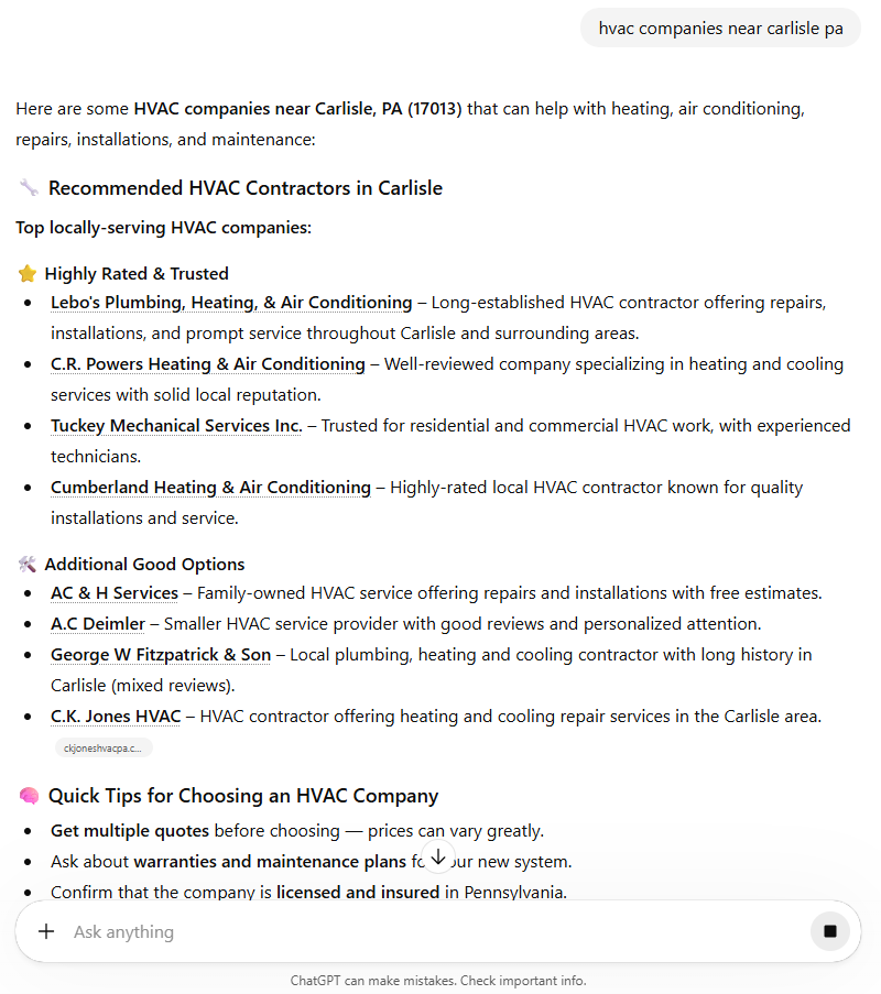 AI SEO Result for HVAC Companies