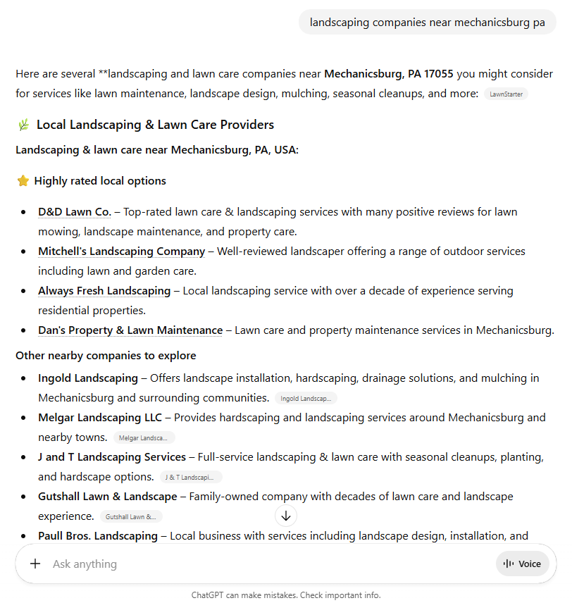 AI SEO Result for Landscaping Companies