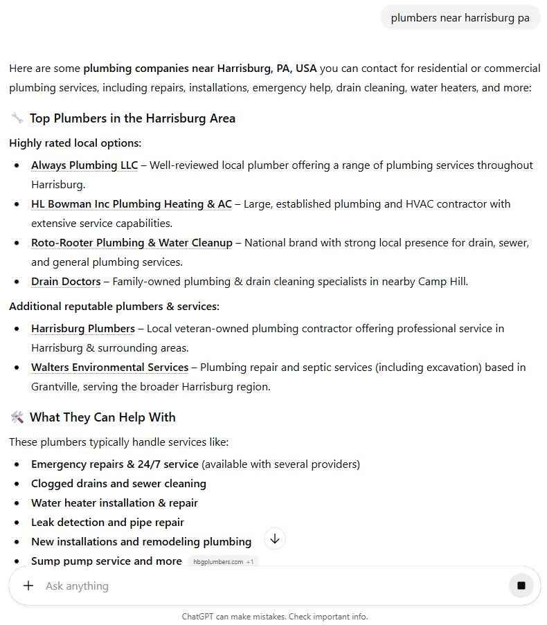 AI SEO Result for Plumbing Companies