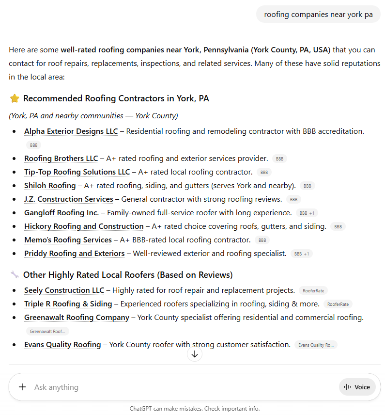 AI SEO Result for Roofing Companies