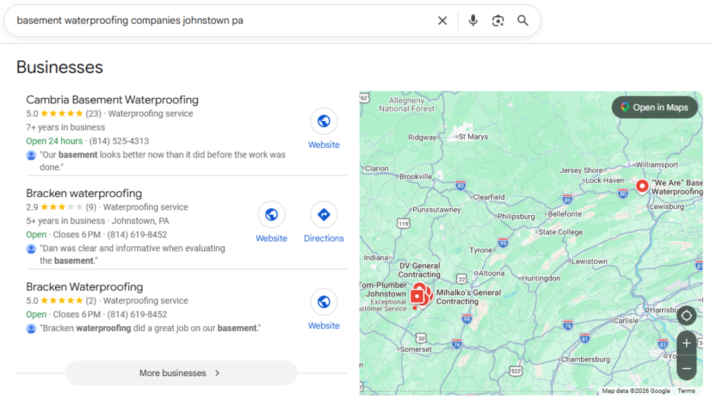 Local SEO Result for Basement Waterproofing