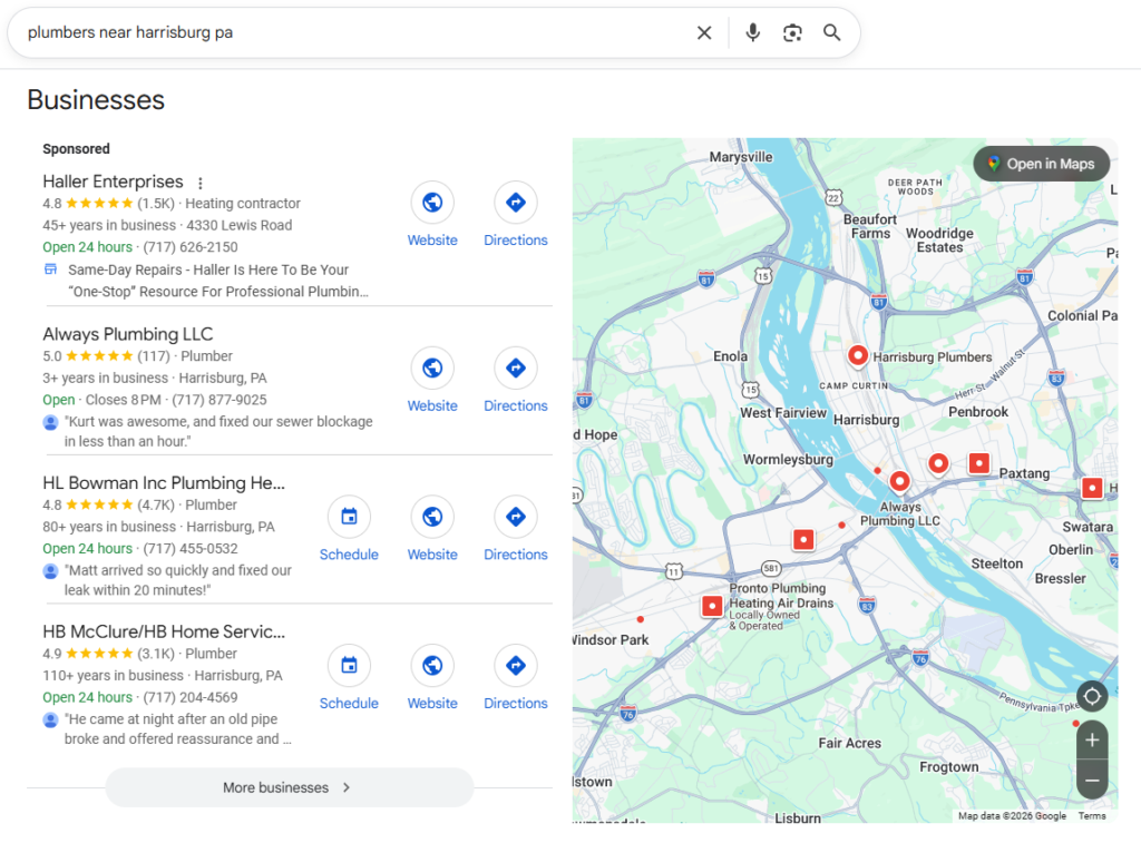Local SEO Result for Plumbing Companies