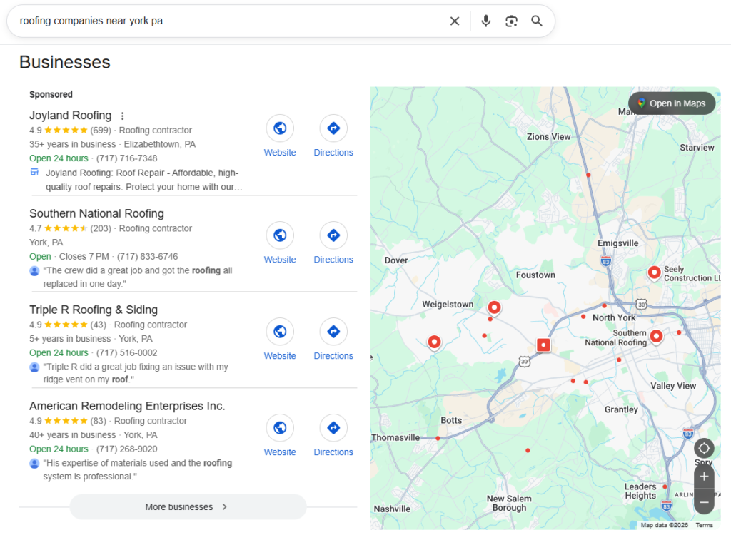 Local SEO Result for Roofing Companies