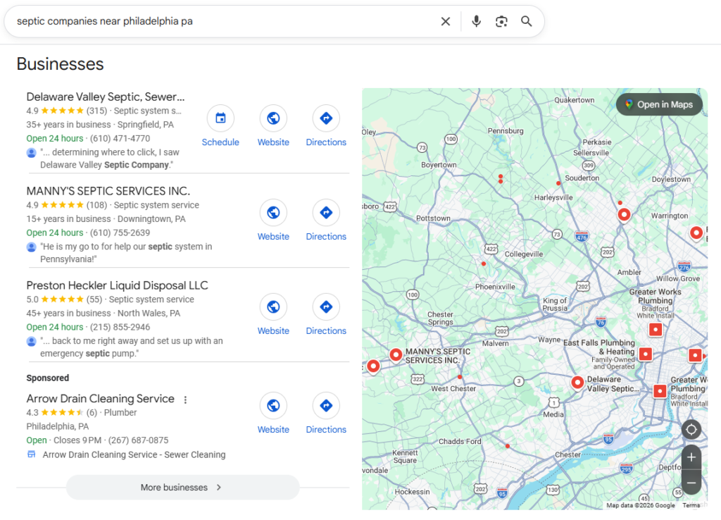Local SEO Result for Septic Service