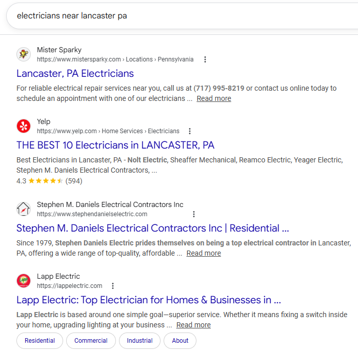 Traditional SEO Result for Electricians