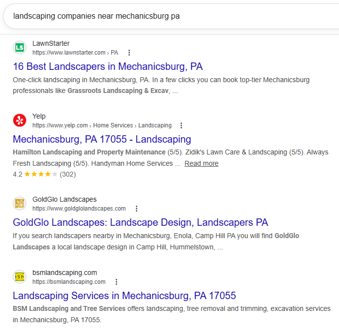 Traditional SEO Result for Landscaping Companies