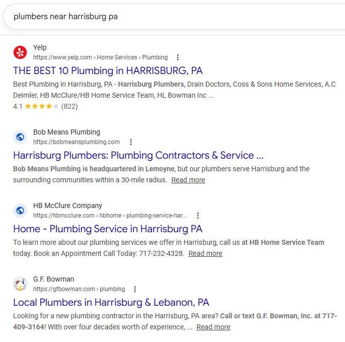Traditional SEO Result for Plumbing Companies