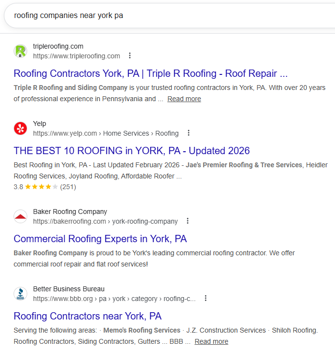 Traditional SEO Result for Roofing Companies
