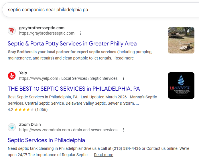 Traditional SEO Result for Septic Service