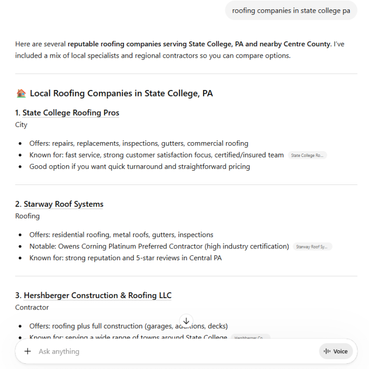 AI SEO Result in State College