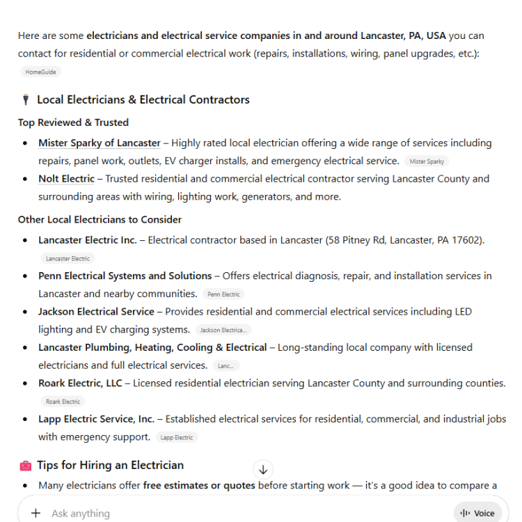 AI SEO Result for Electricians