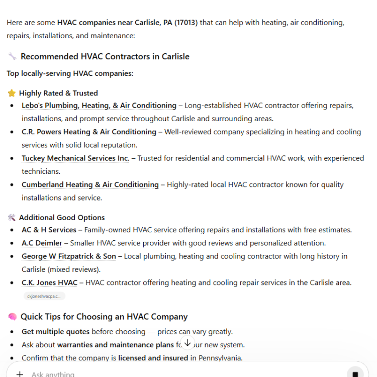 AI SEO Result for HVAC Companies