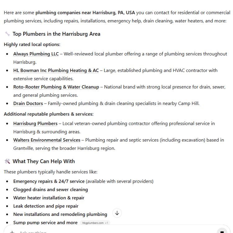 AI SEO Result for Plumbing Companies