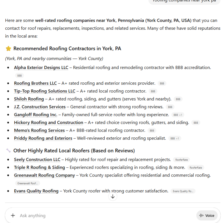 AI SEO Result for Roofing Companies