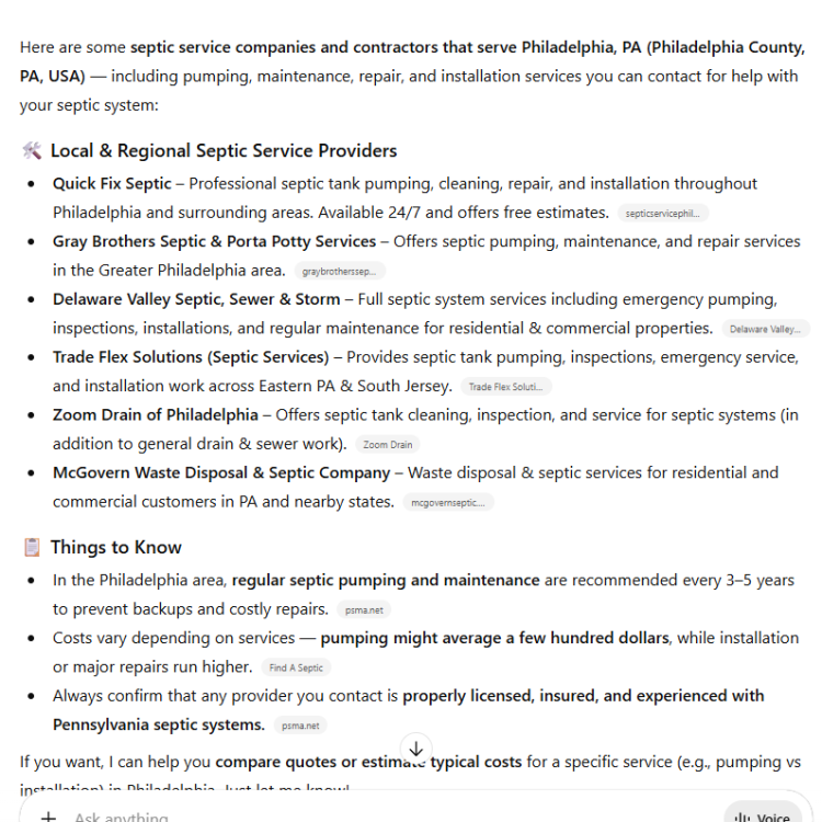 AI SEO Result for Septic Service