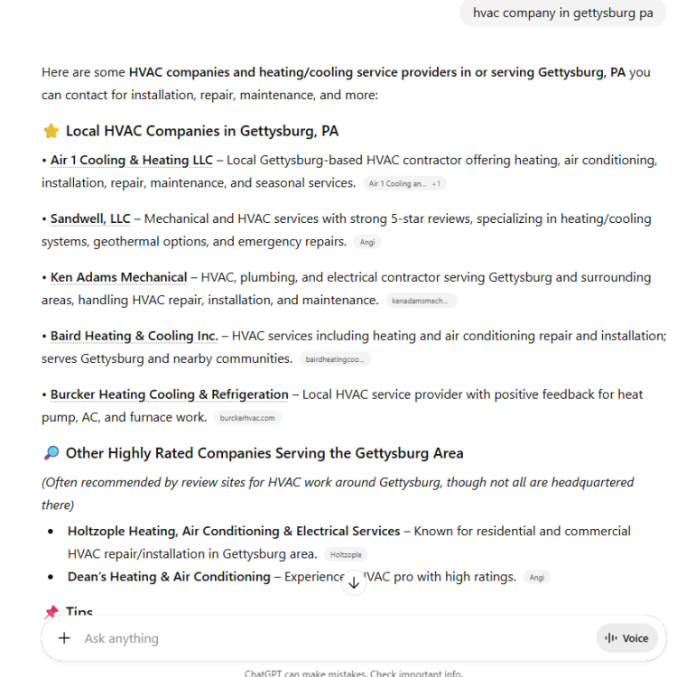 AI SEO Result in Gettysburg