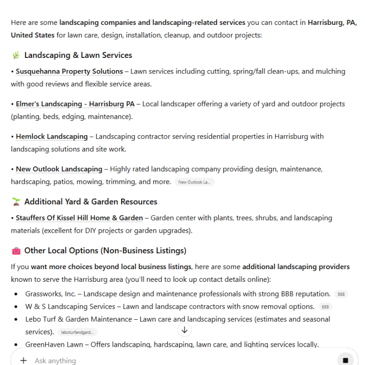 AI SEO Result in Harrisburg PA