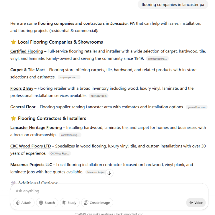 AI SEO Result in Lancaster PA