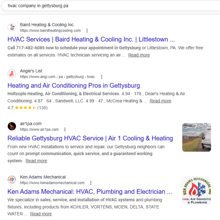 Traditional SEO Result in Gettysburg, PA